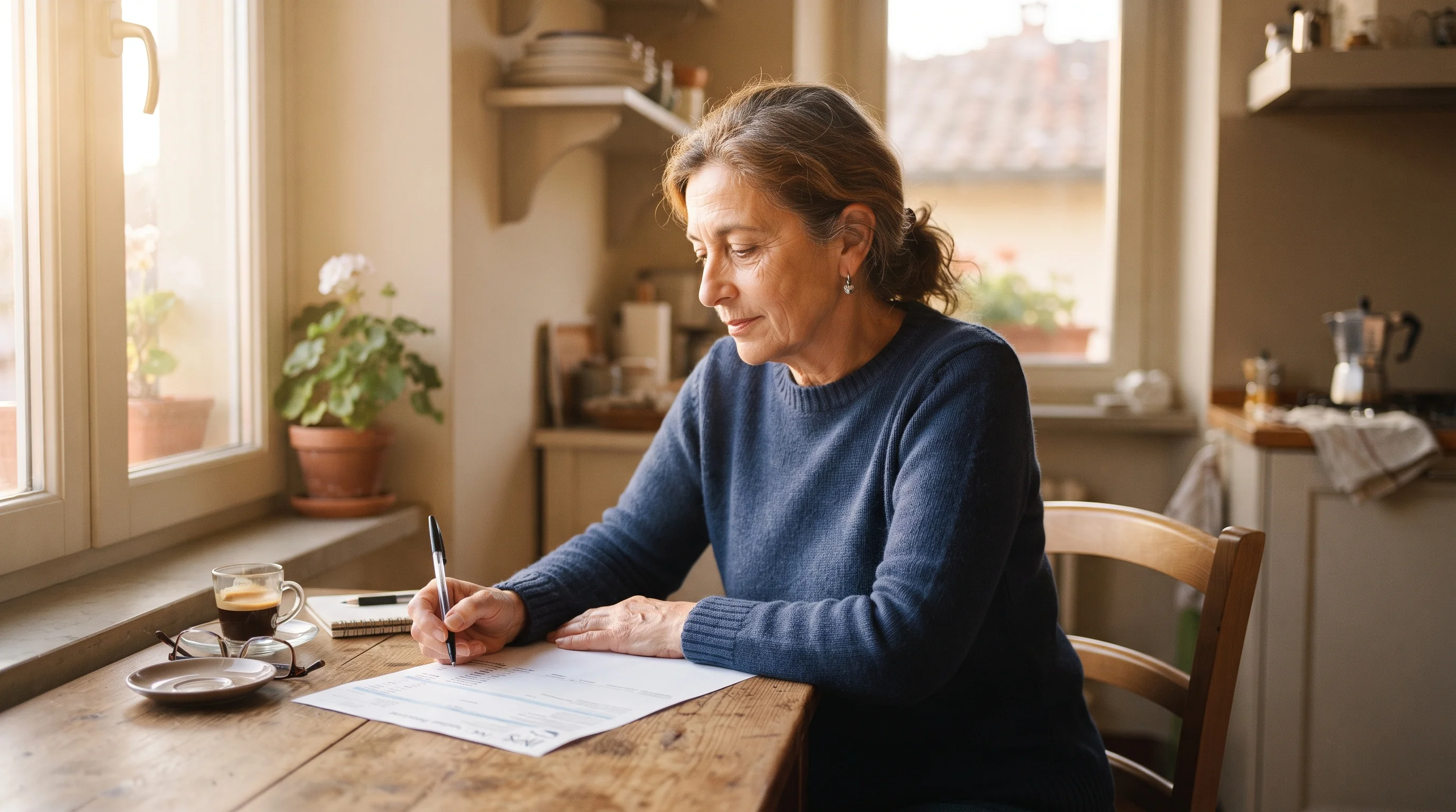 Donna pensionata italiana che esamina un documento relativo alla pensione a casa propria